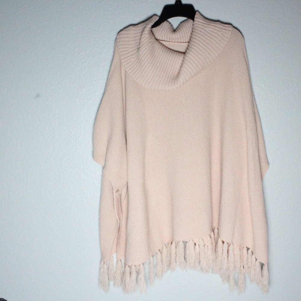 New York & Company Blush Fringe Knit Poncho Sweater L/XL